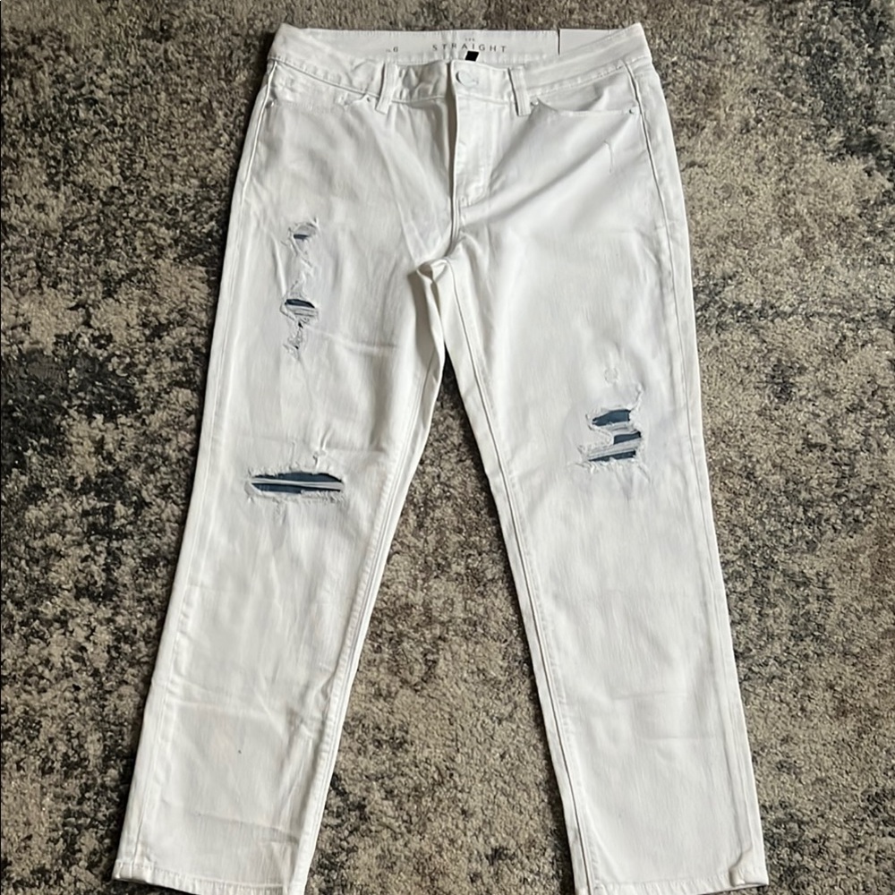 White House Black Market Distressed White Straight Leg Jeans